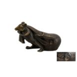 Japanese Signed Bronze of a Rat carrying a sack on its shoulders. 20th Century, fully signed with