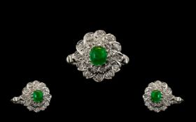 Palladium Set Attractive Diamond and Emerald Set Cluster Ring Flower head Setting - the central