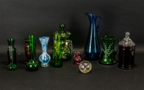 A Collection of Coloured Glass to include a Whitefriars blue water jug. a Webb jug, green enameled