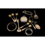 Collection Of Silver. Pocket watch, caddy spoons, bangle, napkin ring, locket with chain,