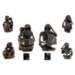 Netsuke Interest - Japanese Carved Boxwood Miniature Figures ( 2 ) Each Depicts a Skeleton Figure,