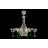 Sherry Decanter and Six Glasses. Cut glass sherry decanter with attractive stopper, accompanied by