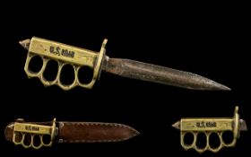 1st World War U S Trench Knife. Ist World War trench fighting knife combined Knuckle duster, stamped