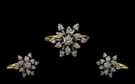 18ct Gold Attractive Starburst Design Dress Ring Set with Diamonds. Marked to interior of shank