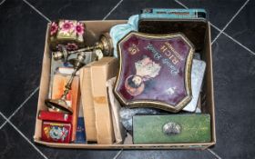 A Box of Assorted Advertising Tins, collectables and oddments. To include a pair of Indian candle