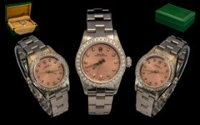 Rolex - Ladies Steel Oyster Perpetual Wrist Watch, with Afterset Full Diamond Bezel, Features pink