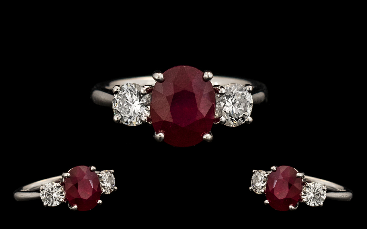 18ct White Gold - Nice Quality & Attractive Ladies 3 Stone Ruby & Diamond Dress Ring. Ring Size M.
