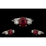 18ct White Gold - Nice Quality & Attractive Ladies 3 Stone Ruby & Diamond Dress Ring. Ring Size M.