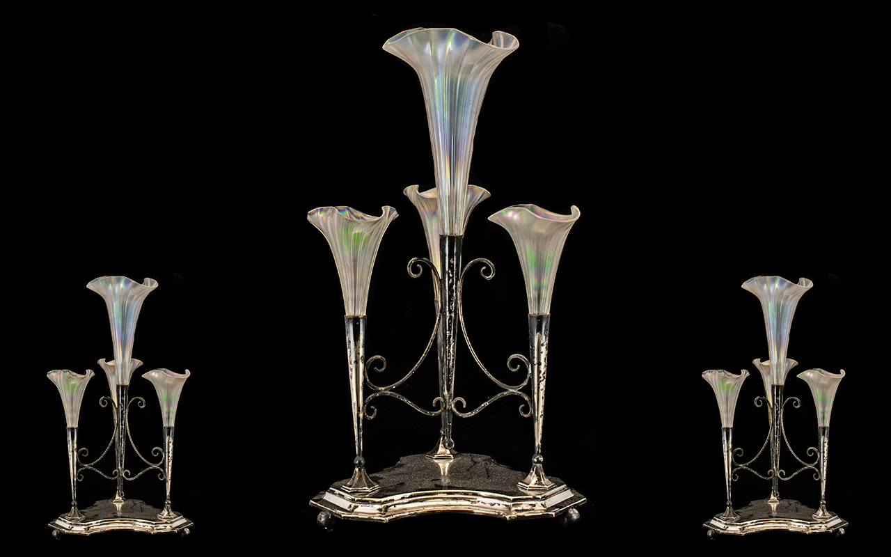 Silver Plate Epergne. Victorian silver plate 4 piece Epergne, with 4 glass iridescent tulip design