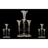 Silver Plate Epergne. Victorian silver plate 4 piece Epergne, with 4 glass iridescent tulip design