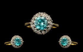 18ct Gold - Attractive Diamond and Blue Topaz Set Cluster Ring. Flower head Design. Full Hallmark