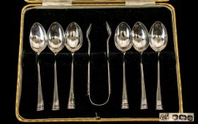 1920 Nice Quality Set of Six Silver Tea Spoons with Matching Sugar Nips - complete with original