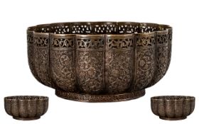 19thC Anglo Indian Bronzed Copper Bowl of fluted form, Heavily Chased Throughout depicting foliage