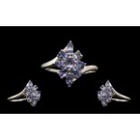 Tanzanite Lozenge Shape Cluster Ring, marquise and pear cut tanzanites of 2cts in a cluster, with