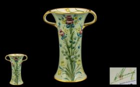 William Moorcroft Signed James Macintyre Twin Handle Celadon Vase, Decorated with Sprays of Roses,