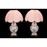 A Pair of Decorative Table Lamps raised on a circular mahogany effect base. Pink and green floral