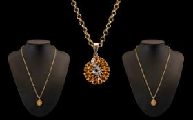 Ladies Contemporary Nice Quality & Pleasing Wheel-Shaped 9ct Gold Diamond & Topaz Set Pendant with