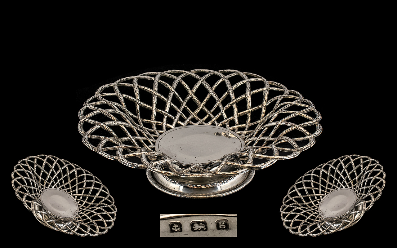 Edwardian Period Basket Weave Design Sterling Silver Footed Fruit Bowl. Hallmark Birmingham 1906,