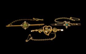 Victorian Period Attractive 9ct Gold Stone Set Brooches (3) in total, all with safety chains, all