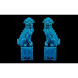 Chinese Turquoise Glazed Pair of Temple Foo Dogs of typical form, standing on square bases. Late