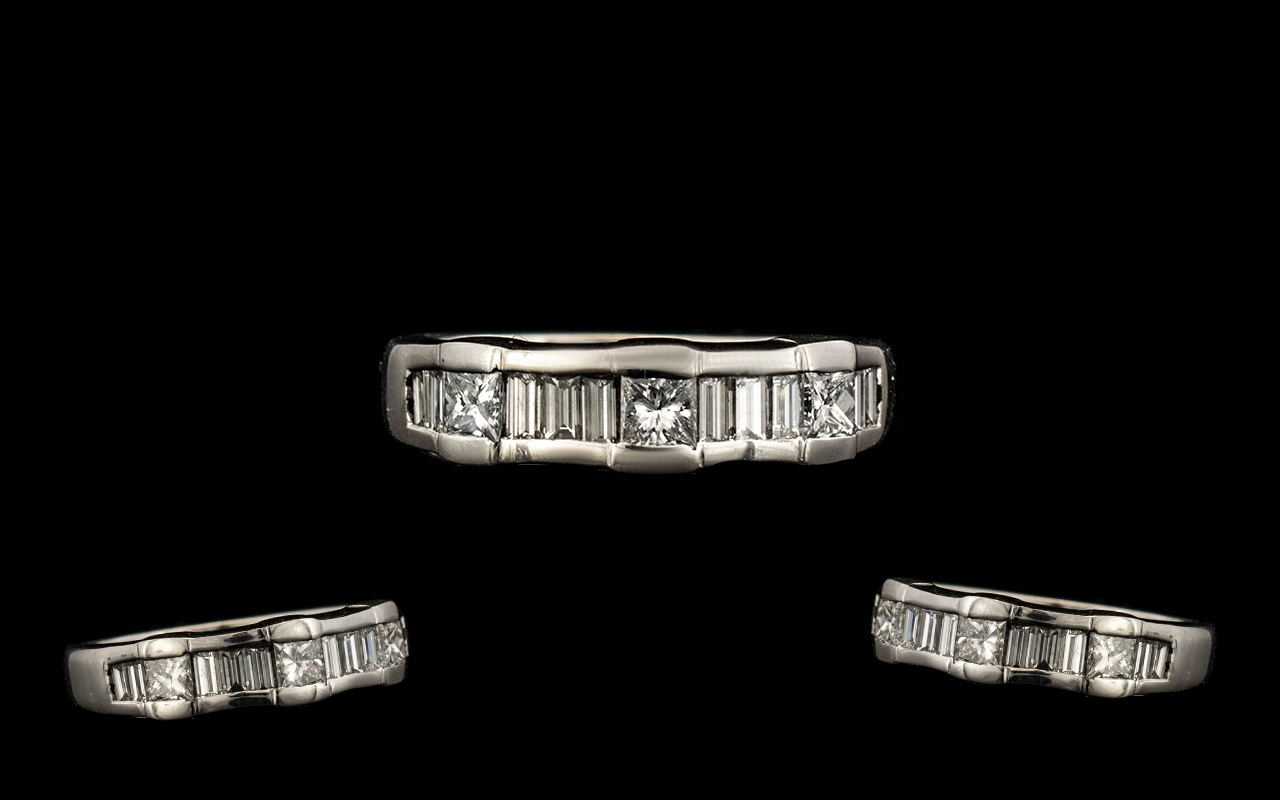 18ct White Gold Contemporary Designed Diamond Set Ring, Set with Baguette Cut and Princes Cut