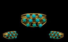 18ct Gold - Attractive Turquoise Set Ring with Open Wired Setting of Pleasing Form. Ring Size - P.