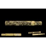 Japanese 19th Century Ivory Bone Chopstick Holder and Cover, Decorated with Carved Figural Images of
