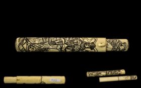 Japanese 19th Century Ivory Bone Chopstick Holder and Cover, Decorated with Carved Figural Images of