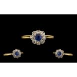 18ct Gold and Platinum Petite & Attractive Sapphire & Diamond Cluster Ring. Flowerhead setting (