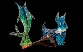 Three Glass Figures, including Murano, comprising a blue Murano Glass Dog 8'' high and 7'' long,