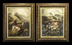 Pair of Early 20th Century Large Oils in Canvas both mounted and framed behind glass and both
