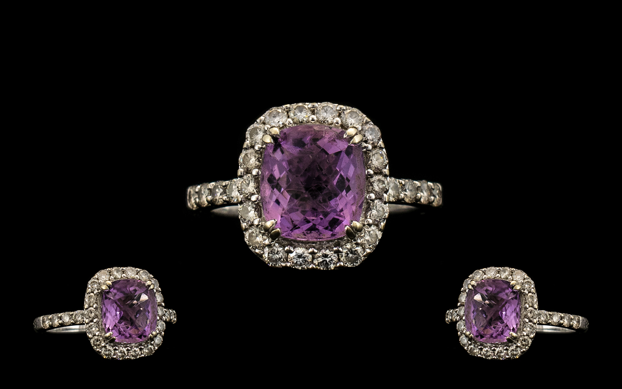 Contemporary 18ct White Gold Quality Amethyst & Diamond Set Dress Ring. Marked 18ct, the central