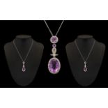 18ct White Gold Superb Amethyst and Diamond Set Pendant Drop Necklace of Impressive Appearance,