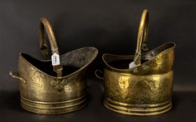 2 Brass Coal Scuttles. Early 20th Century coal scuttles, 2 in total , 10 inches in height, pleases