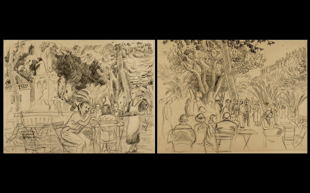 A Pair of Pencil Drawings on Paper Depicting Cafe Scenes in the South of France (circa 1920s).