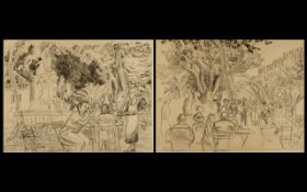 A Pair of Pencil Drawings on Paper Depicting Cafe Scenes in the South of France (circa 1920s).