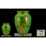 Carlton Ware Lustre Vase of Ovoid Form apple green colourway with handpainted panels in enamels.