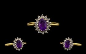 18 CT Gold Oval Shaped Attractive Diamond & Amethyst Set Cluster Ring - Flowerhead setting, fully