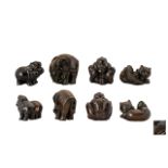 20th Century Collection of Carved Boxwood Netsukes 4 in Total - various subjects. Elephant