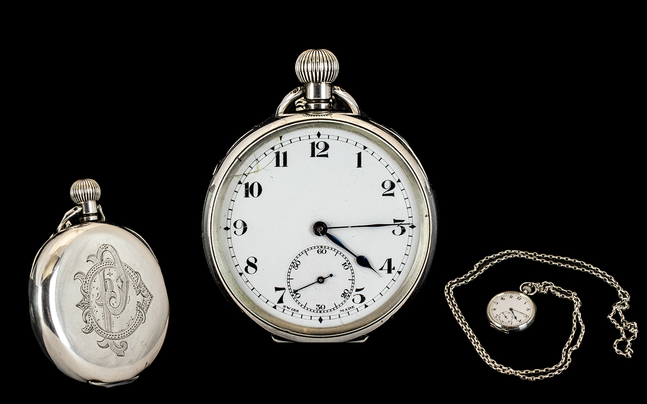 Swiss Made Silver Open Faced Keyless Pocket Watch with white porcelain dial, secondary dial.
