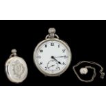 Swiss Made Silver Open Faced Keyless Pocket Watch with white porcelain dial, secondary dial.