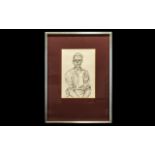 Abstract Print/Etching of a Seated Man with large eyes and elongated head. Unsigned. Framed and