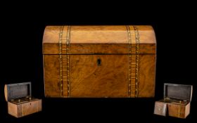 Antique Period Dome Shaped Walnut Veneered Twin Tea Caddy with marquetry banding - two fitted