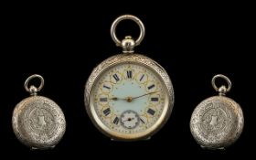 Ladies Silver Enamel Faced Fob Watch. Swiss made ladies pocket watch, fully hallmarked silver,