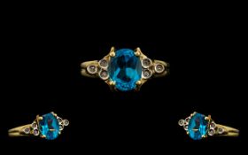 Ladies Attractive 9ct Gold Aquamarine & Diamond Set Ring fully hallmarked for 9.375. The rich blue