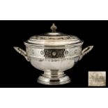 Large Viners Silver Plate Tureen. Circa 1950s, ornate design raised on a pedestal with matching