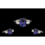 18ct Gold Nice Quality & Attractive Three Stone Sapphire & Diamond Dress Ring. The natural