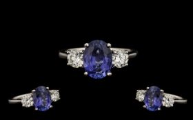 18ct Gold Nice Quality & Attractive Three Stone Sapphire & Diamond Dress Ring. The natural