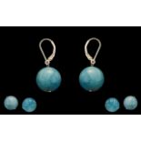 Aquamarine Globe Drop Earrings, single beads of opaque aquamarine, each of 18cts, mined in Brazil,
