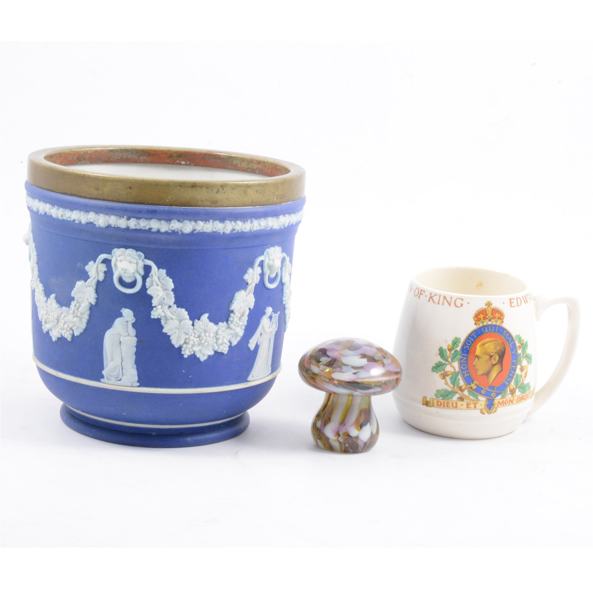 Wedgwood blue jasperware jardinière, other decorative ceramics, and two glass paperweights.